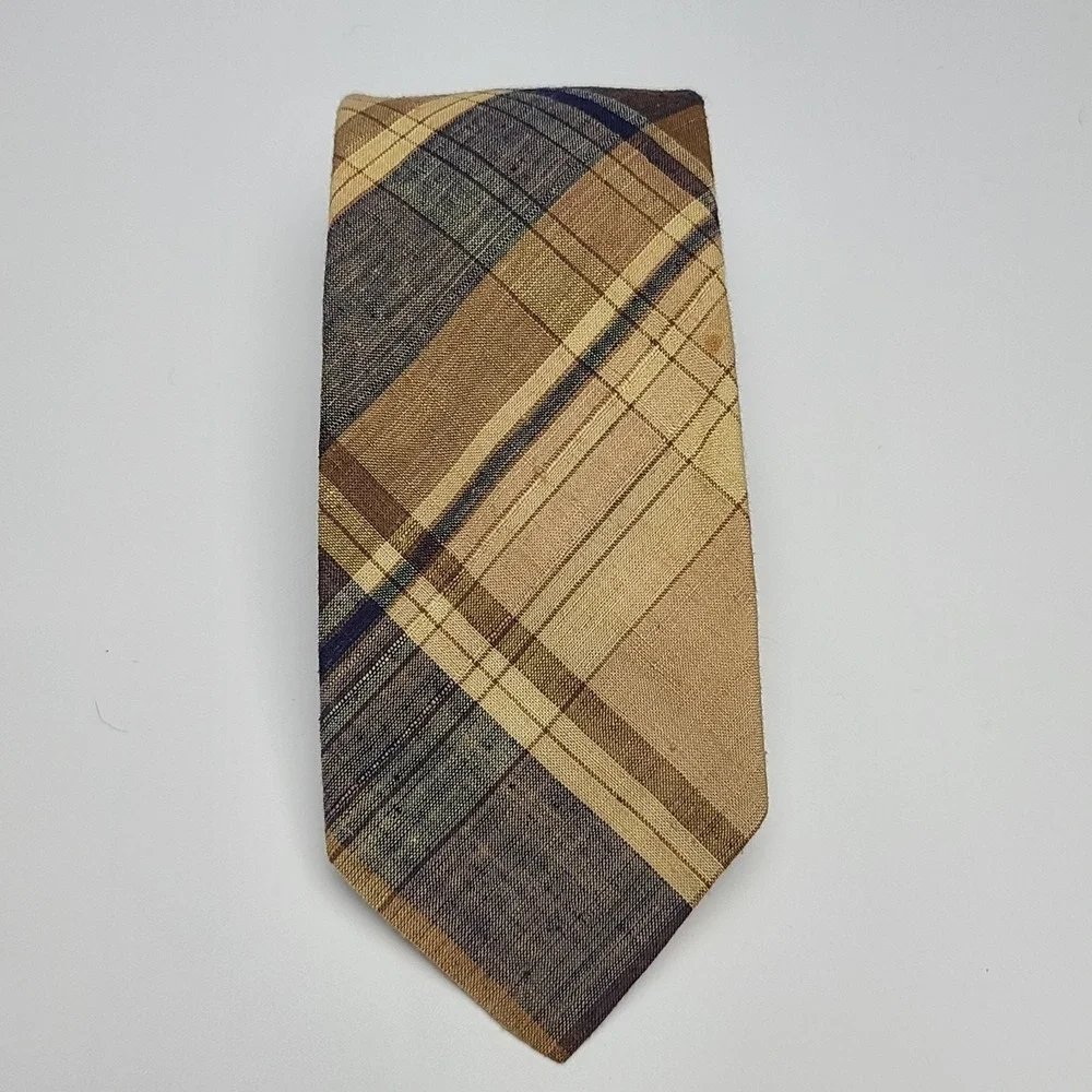 Robert Talbott Vintage Necktie Blue Brown Plaid Tartan Cotton 57